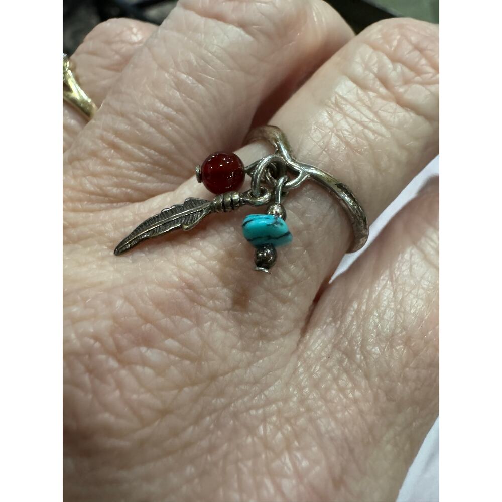 925 Sterling Silver Southwestern Charm Ring – Turquoise, Feather, Red Stone